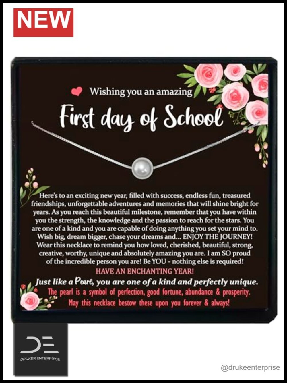Personalized First Day of School Sterling Silver Pearl Necklace with Poem Card